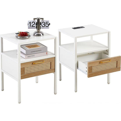 Set of 2, 15.75" Rattan End table with Power Outlet & USB Ports, Modern nightstand with drawer and metal legs, side table for living room, bedroom,white