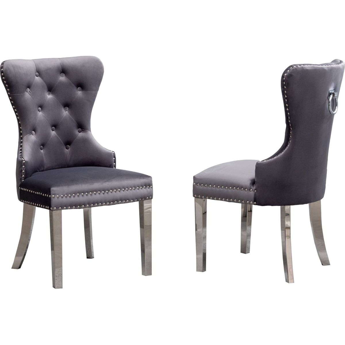 Montura Contemporary Tufted Velvet Chair with Nailhead Trim, Set of 2, Gray
