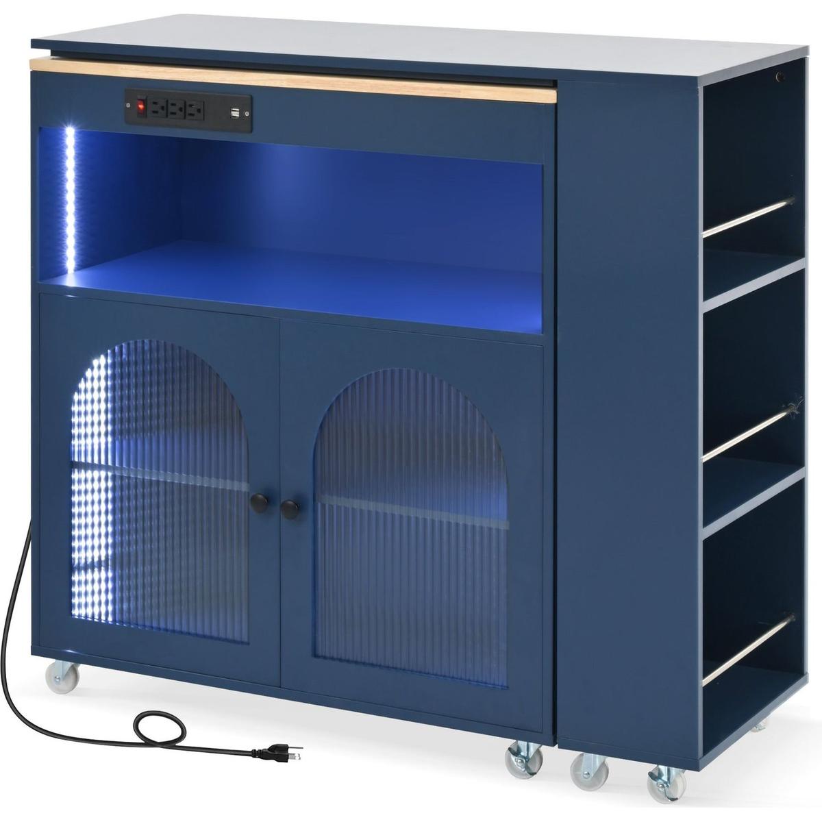 Rolling Kitchen Island With Movable Extended Table, Kitchen Cabinet on Wheels with Power Outlets and 2 Fluted Glass Doors, Kitchen Island with a Storage Compartment and Side 3 Open Shelves, Navy