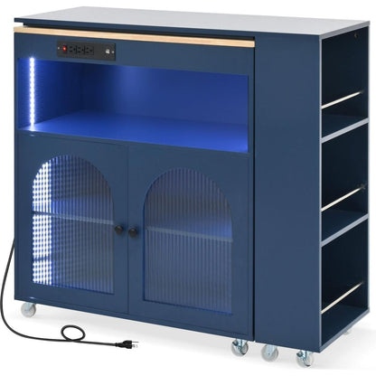 Rolling Kitchen Island With Movable Extended Table, Kitchen Cabinet on Wheels with Power Outlets and 2 Fluted Glass Doors, Kitchen Island with a Storage Compartment and Side 3 Open Shelves, Navy