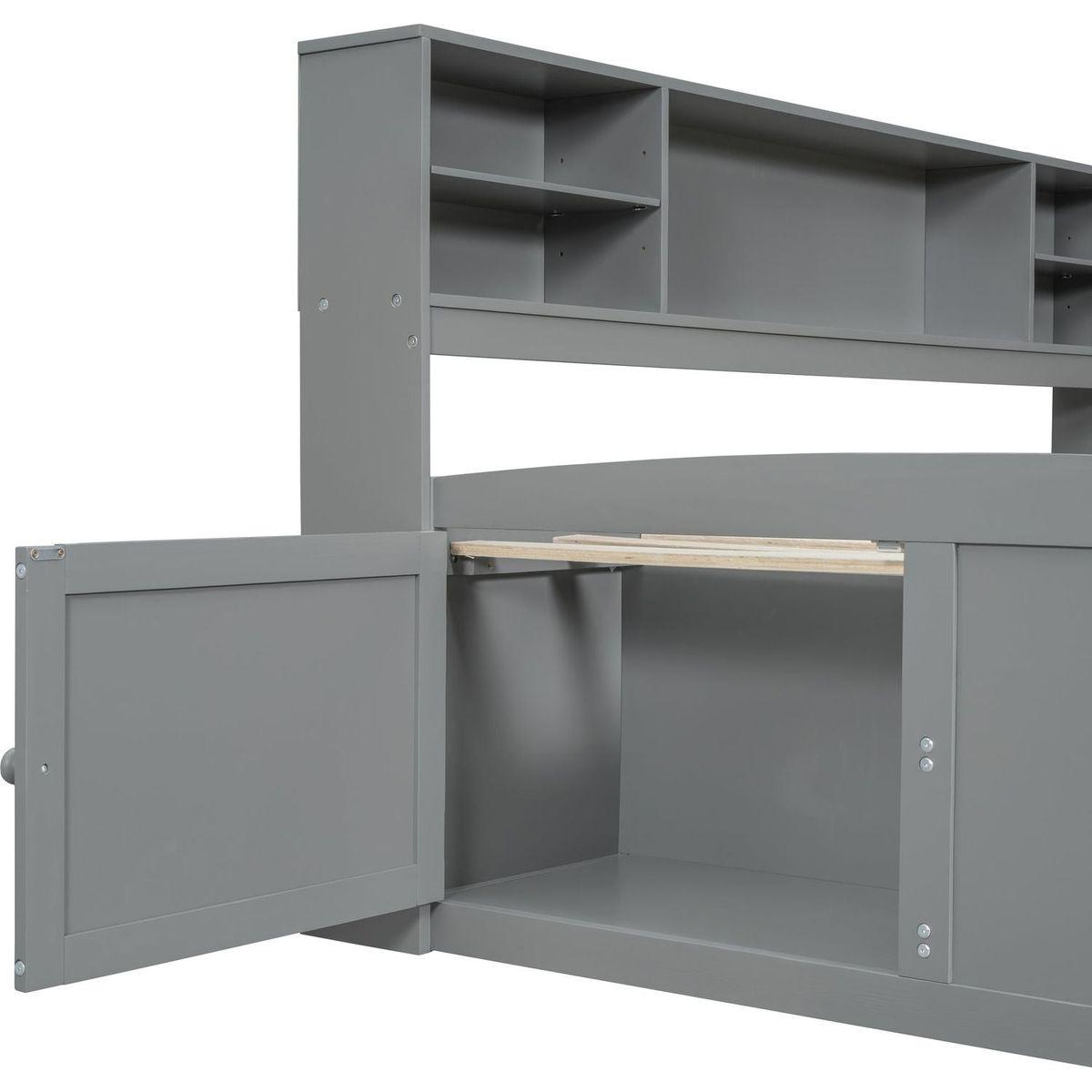 Full Size Wood Daybed with 2 Bedside Cabinets, Upper Shelves and 4 Drawers, Gray