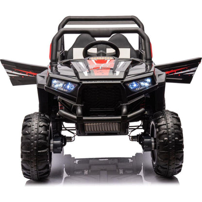12v7ax2 30wx4 Four-wheel drive leather seat one button start,forward and backward, high and low speed, music, front light, power display, two doors can open, 2.4G R/C, seat belt four wheel absorber