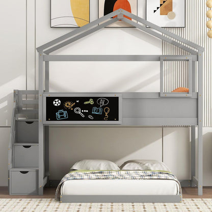 Twin over Full House Bunk Bed with Storage Staircase and Blackboard,Gray