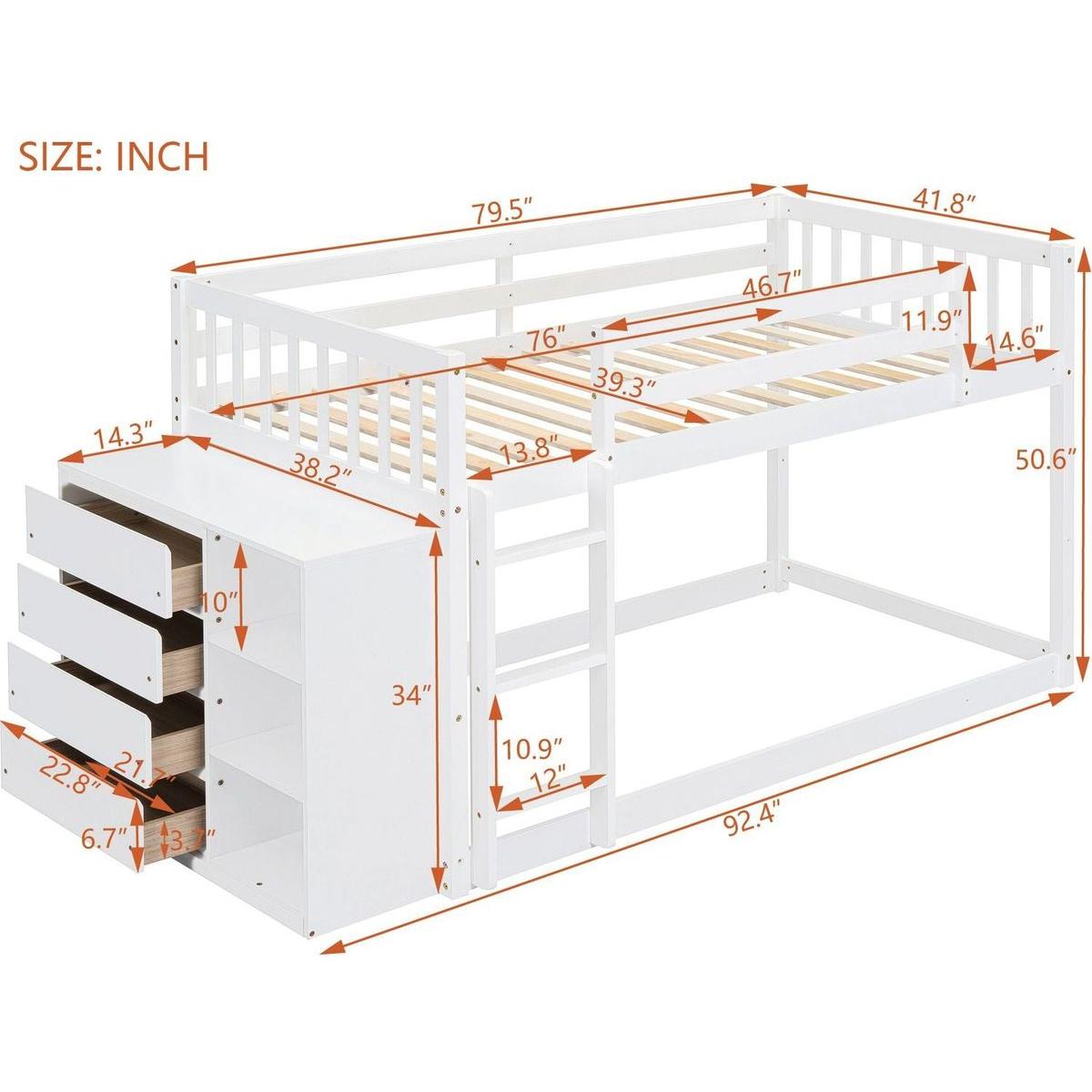Twin over Twin Bunk Bed with 4 Drawers and 3 Shelves-White