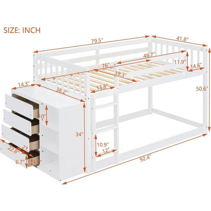 Twin over Twin Bunk Bed with 4 Drawers and 3 Shelves-White