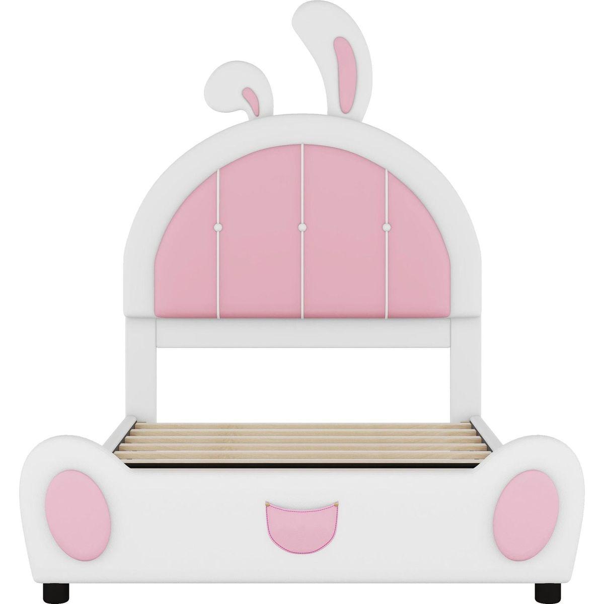 Twin Size Upholstered Platform Bed with Rabbit Shaped Headboard, White