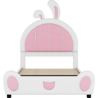 Twin Size Upholstered Platform Bed with Rabbit Shaped Headboard, White