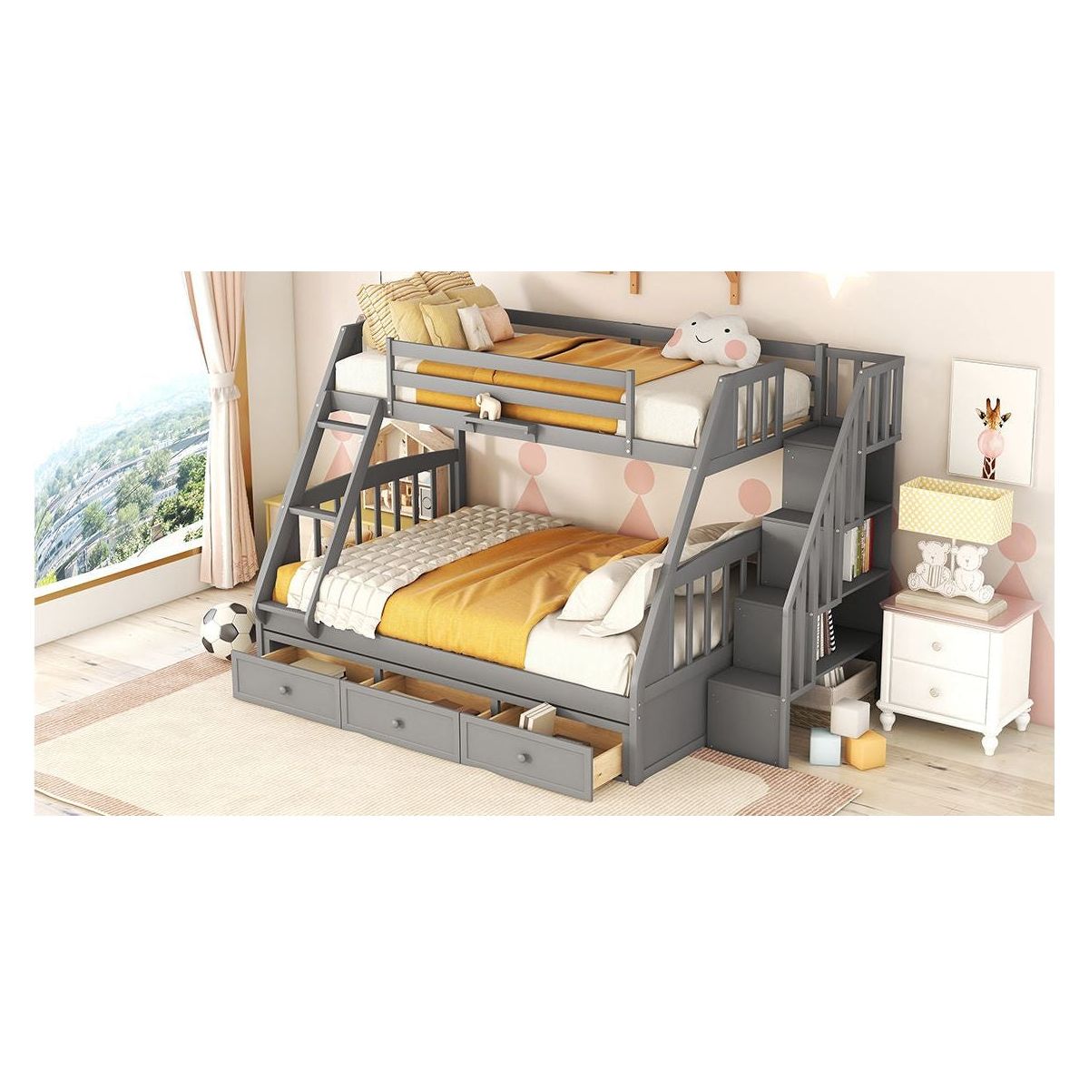 Twin-Over-Full Bunk Bed with Drawers氓Ladder and Storage Staircase, Gray