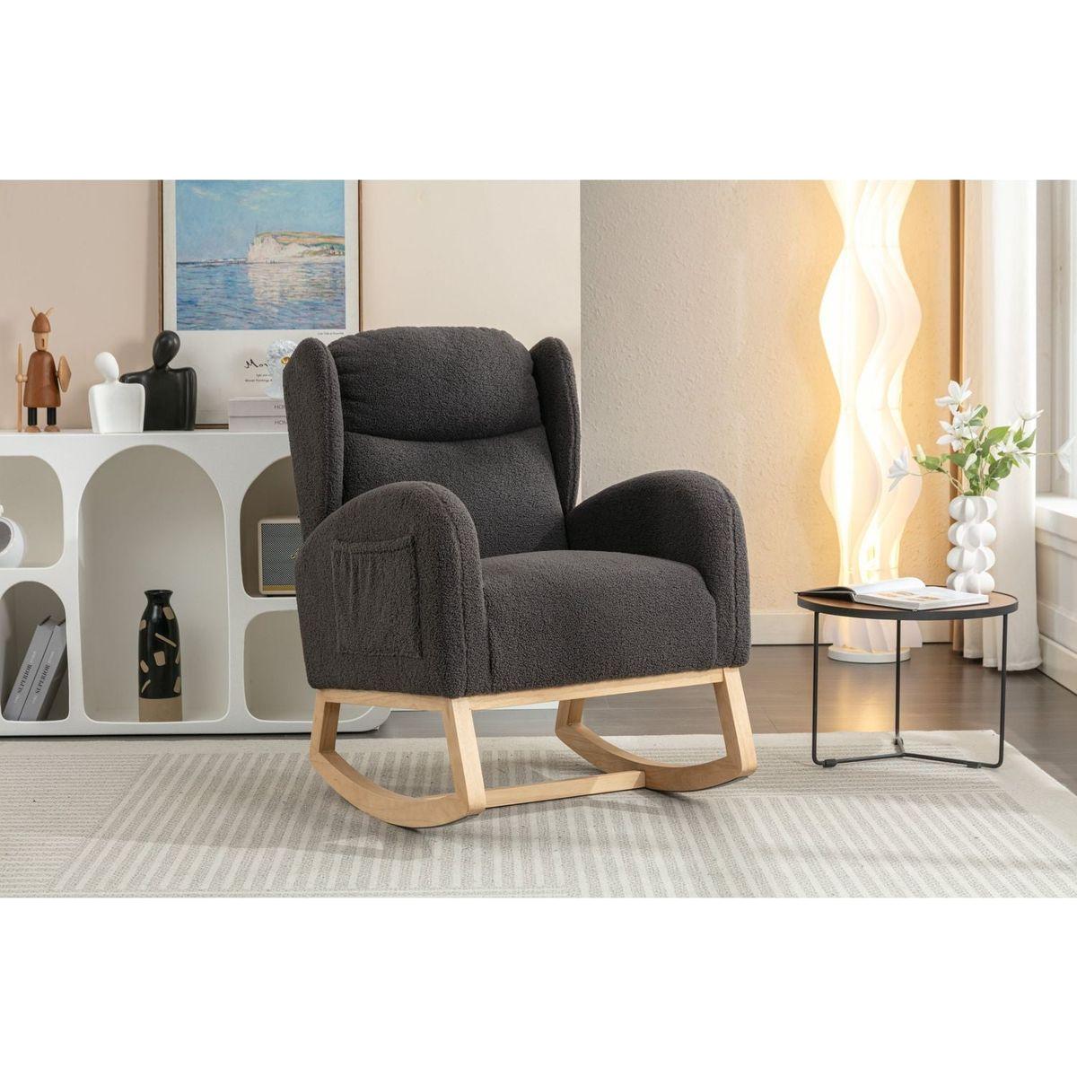 Teddy Fabric Rocking Chair With Packet Wood Legs,Dark Gray