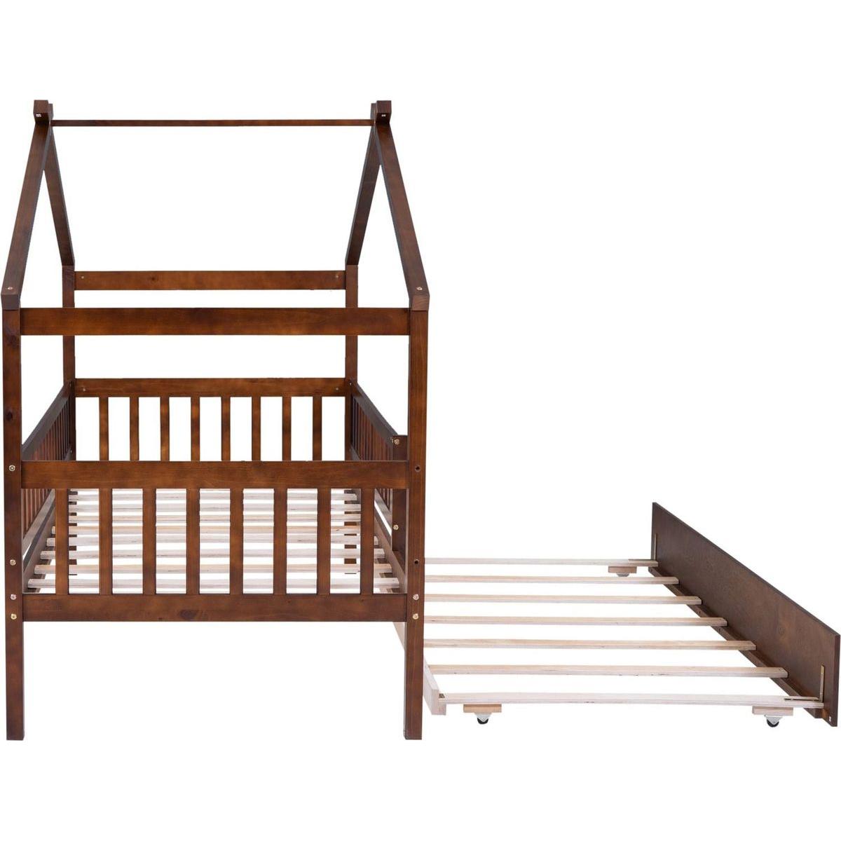 Twin Size Wooden House Bed with Twin Size Trundle, Walnut