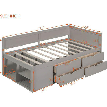 Twin Size Daybed with Drawers and Shelves, Gray