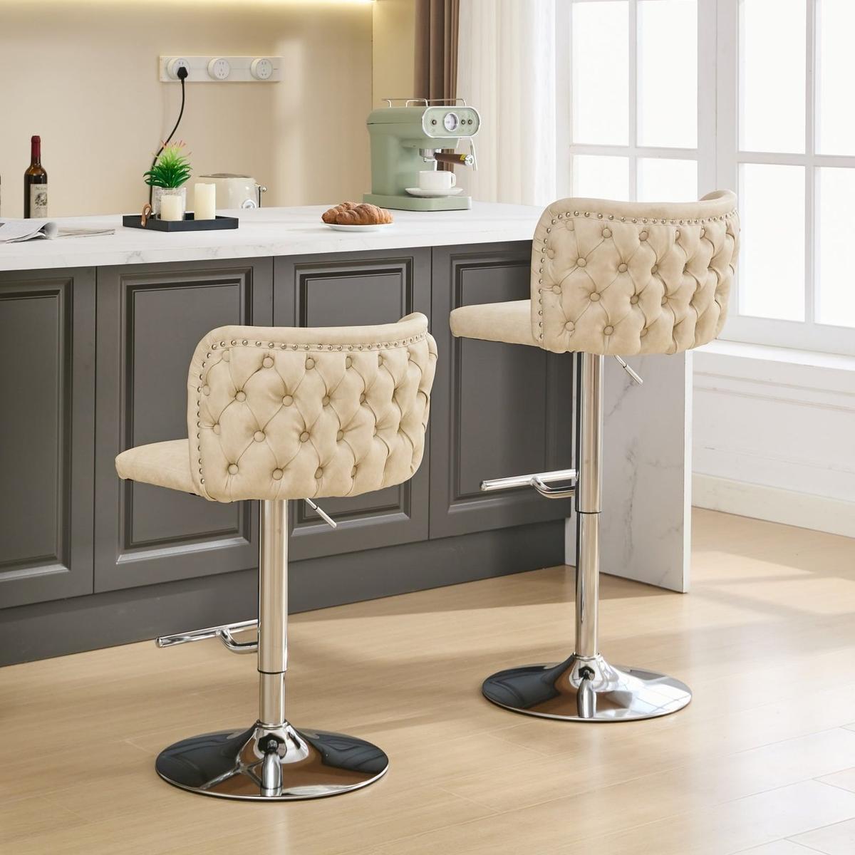 Swivel Barstools Adjusatble Seat Height With Chrome Base, Modern PU Upholstered Bar Stools with the whole Back Tufted, for Home Pub and Kitchen Island,Beige, Set of 2