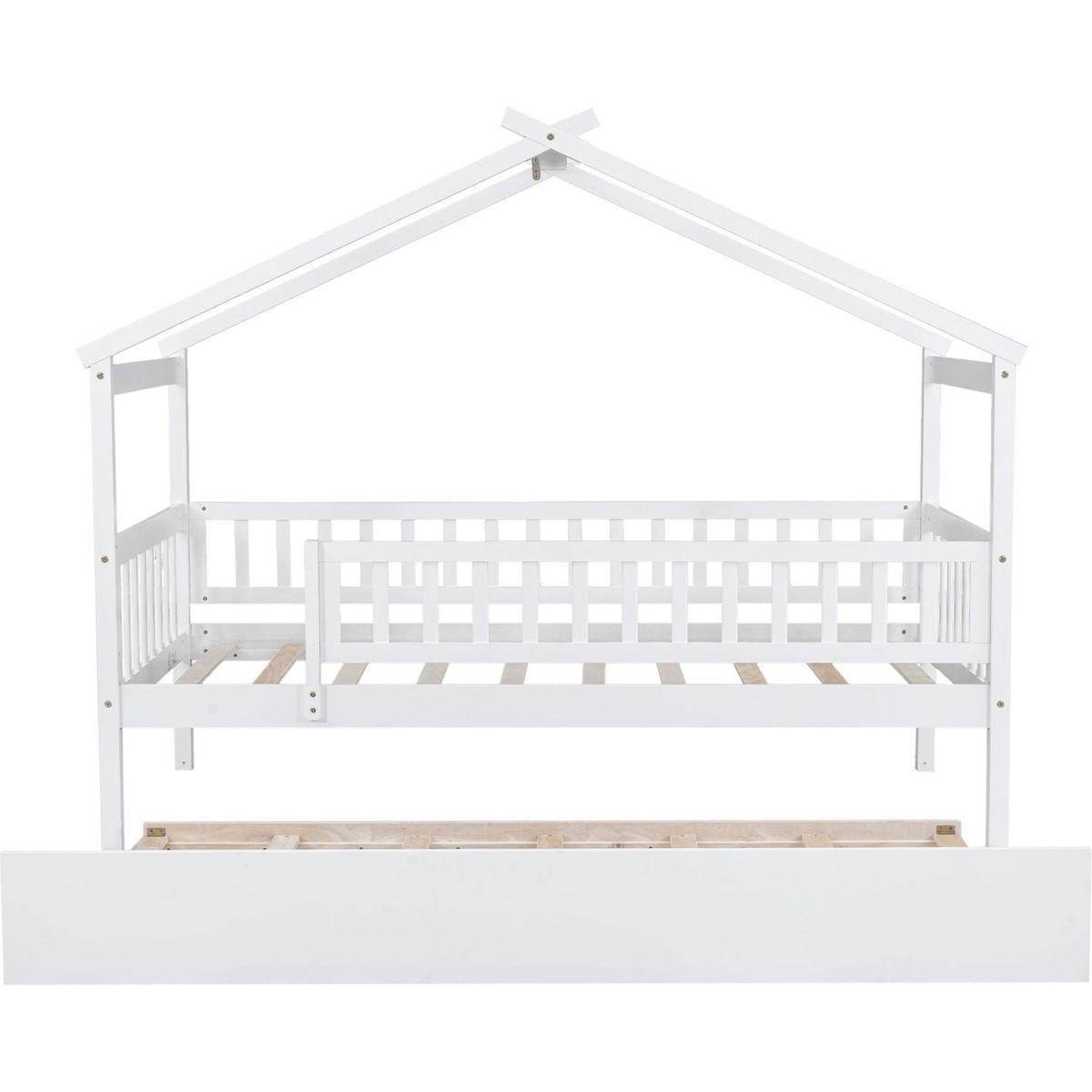 Twin Size Wooden House Bed with Twin Size Trundle, White