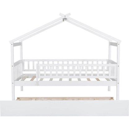 Twin Size Wooden House Bed with Twin Size Trundle, White