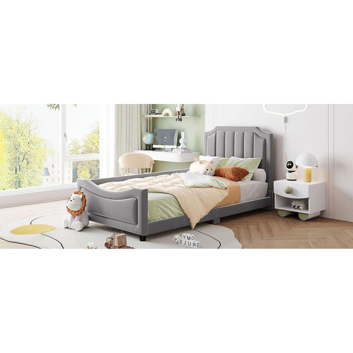 Twin Size Upholstered Daybed with Classic Stripe Shaped Headboard, Gray