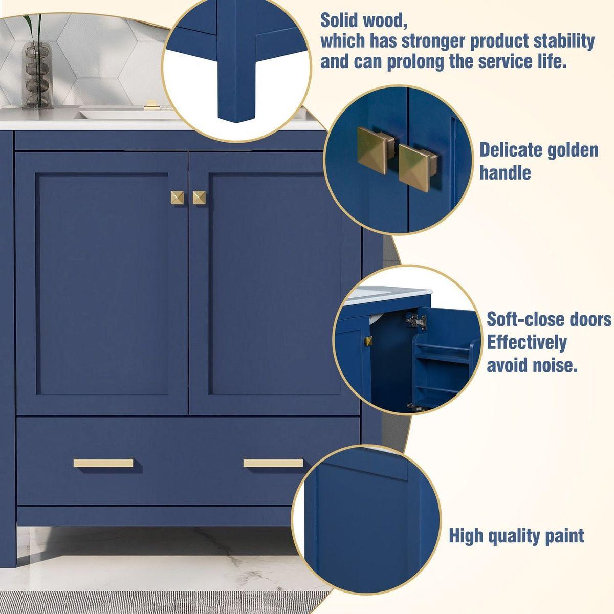 30" Blue Bathroom Vanity with Single Sink, Combo Cabinet Undermount Sink, Bathroom Storage Cabinet with 2 Doors and a Drawer, Soft Closing, Multifunctional Storage, Solid Wood Frame