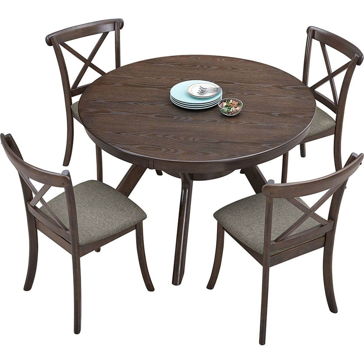 Wooden Dining Table Set, Mid Century Modern Round Rubber Wood Kitchen Table and Cross Back Upholstered Dining Chairs for Dining Room, Kitchen, Saving Space (1 Table with 4 Chairs), Dark Brown