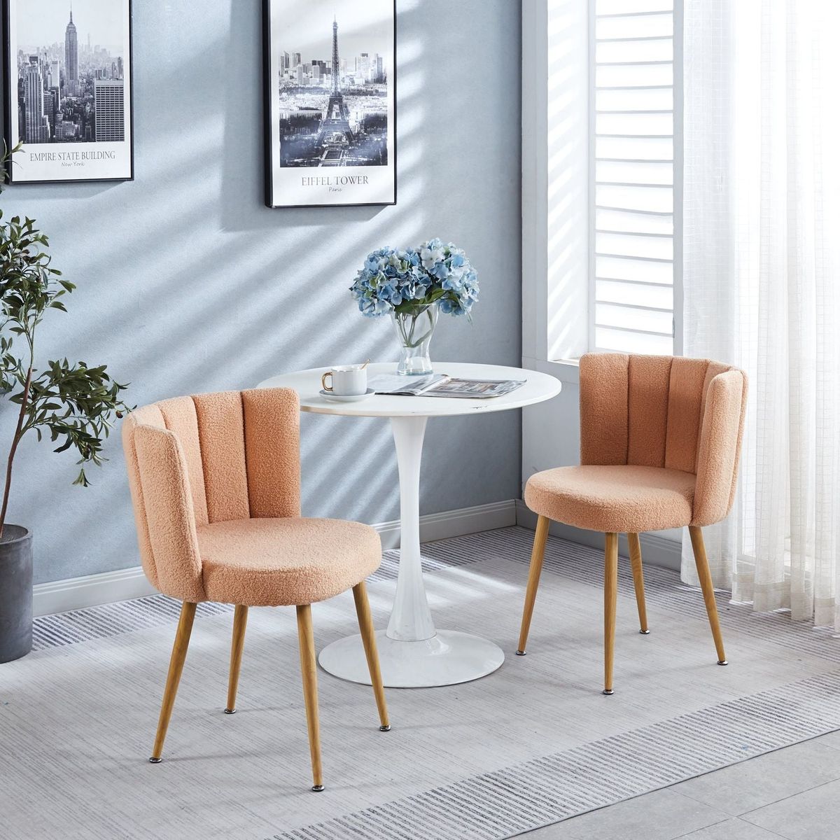 Modern beige dining chair(set of 2 ) with iron tube wood color legs, shorthair cushions and comfortable backrest, suitable for dining room, living room, cafe, simple structure.