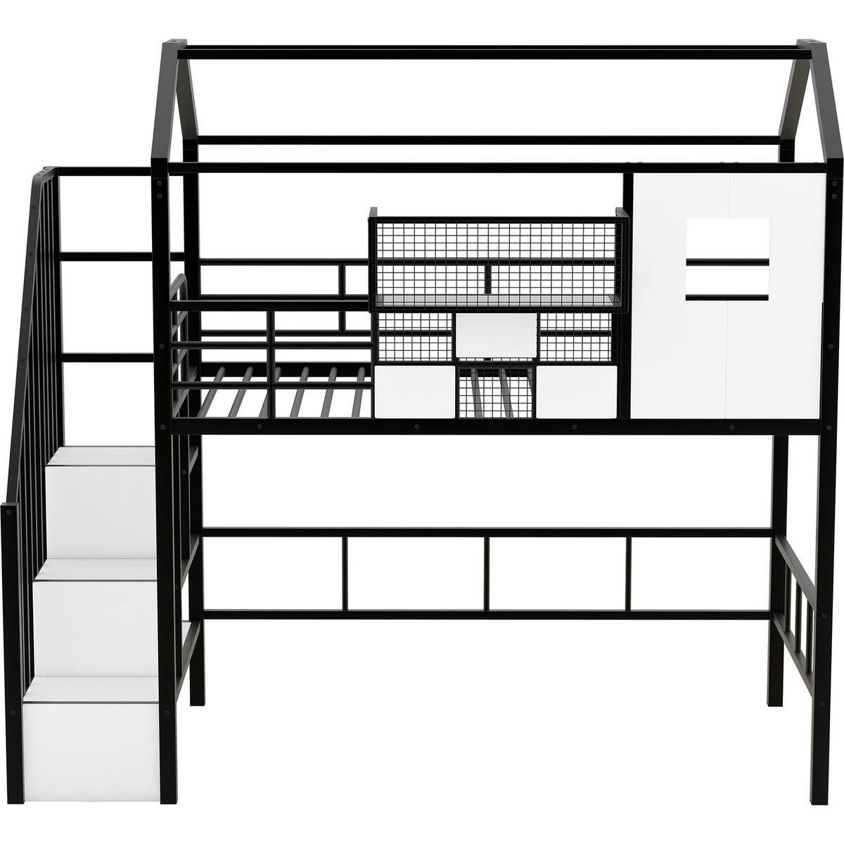Metal Loft Bed with roof design and a storage box, Twin, Black