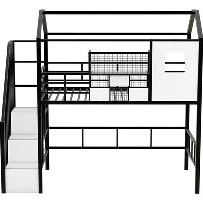 Metal Loft Bed with roof design and a storage box, Twin, Black