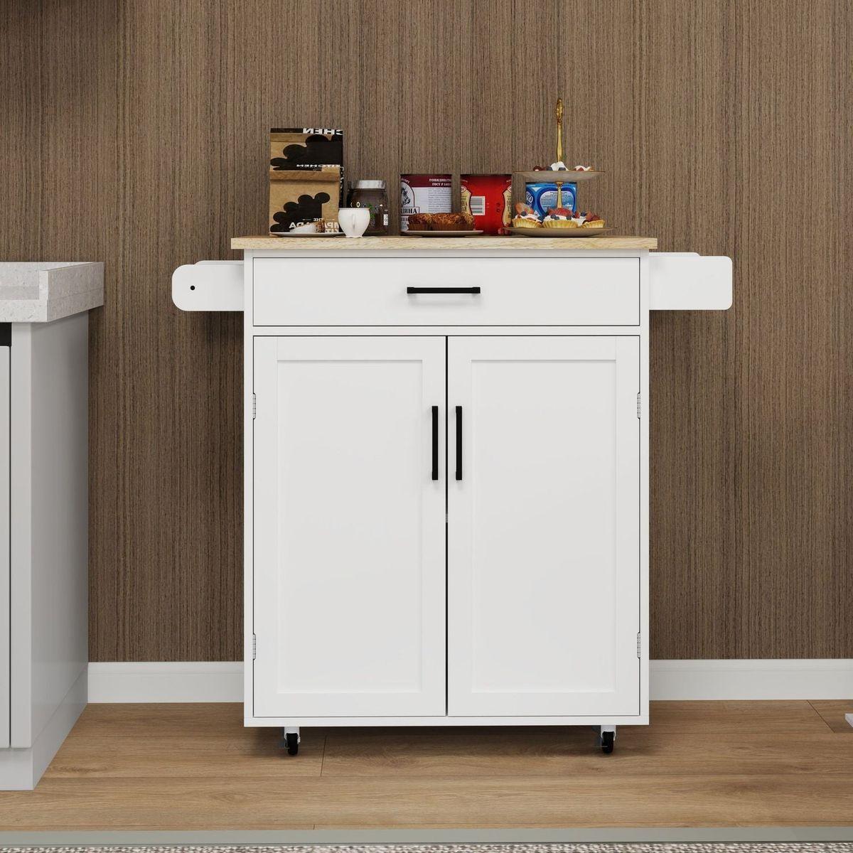 Kitchen island rolling trolley cart with 1 drawer & 2 doors with storage racks & Adjustable Shelves & towel rack & seasoning rack rubber wood table top-White - Streamdale Furniture