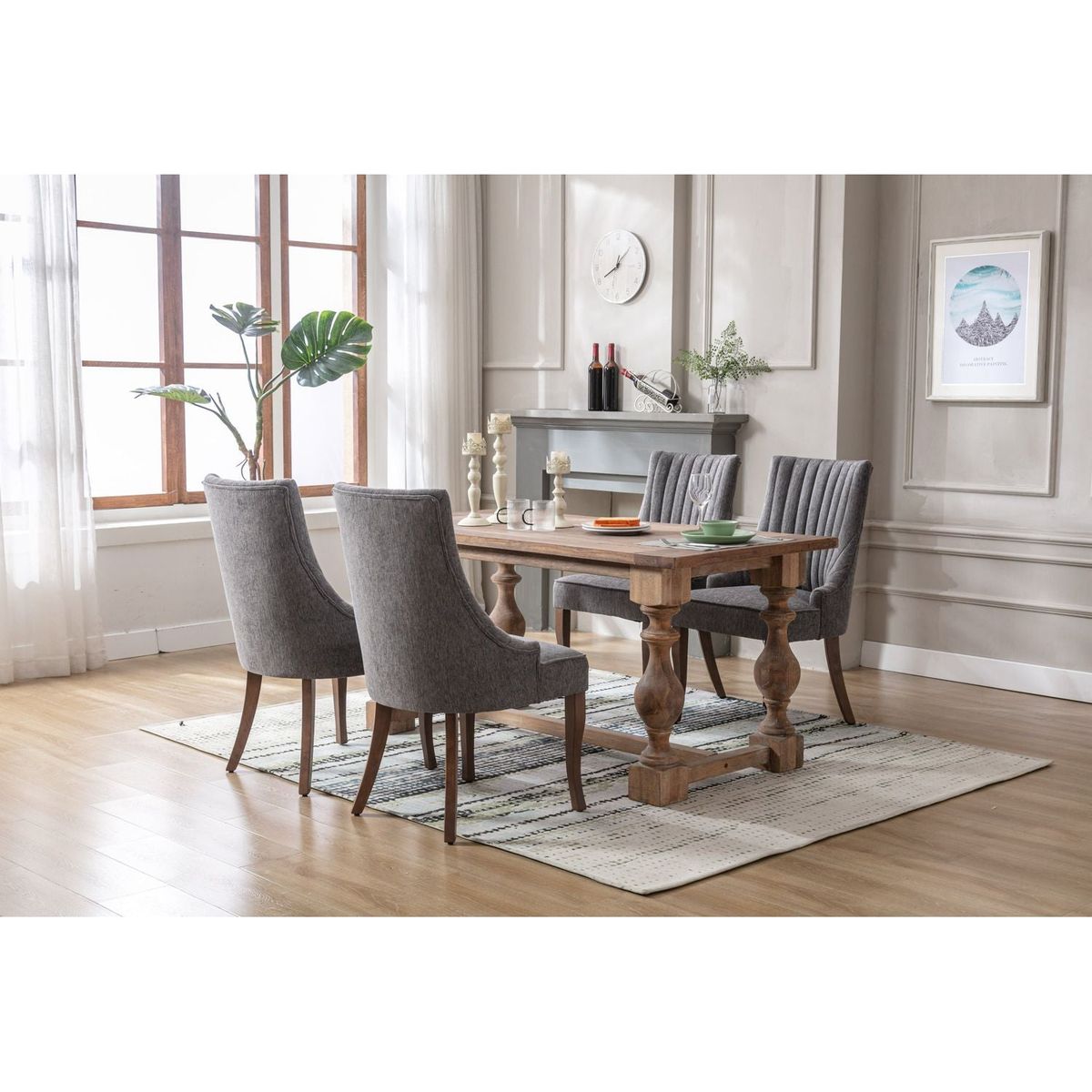 Exquisite Gray Linen Fabric Upholstered Strip Back Dining Chair with Solid Wood Legs 2 Pcs