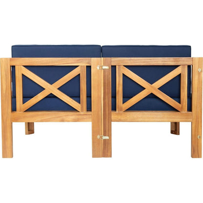 Outdoor Backyard Patio Wood 5-Piece Sectional Sofa Seating Group Set with Cushions, Natural Finish+ Blue Cushions