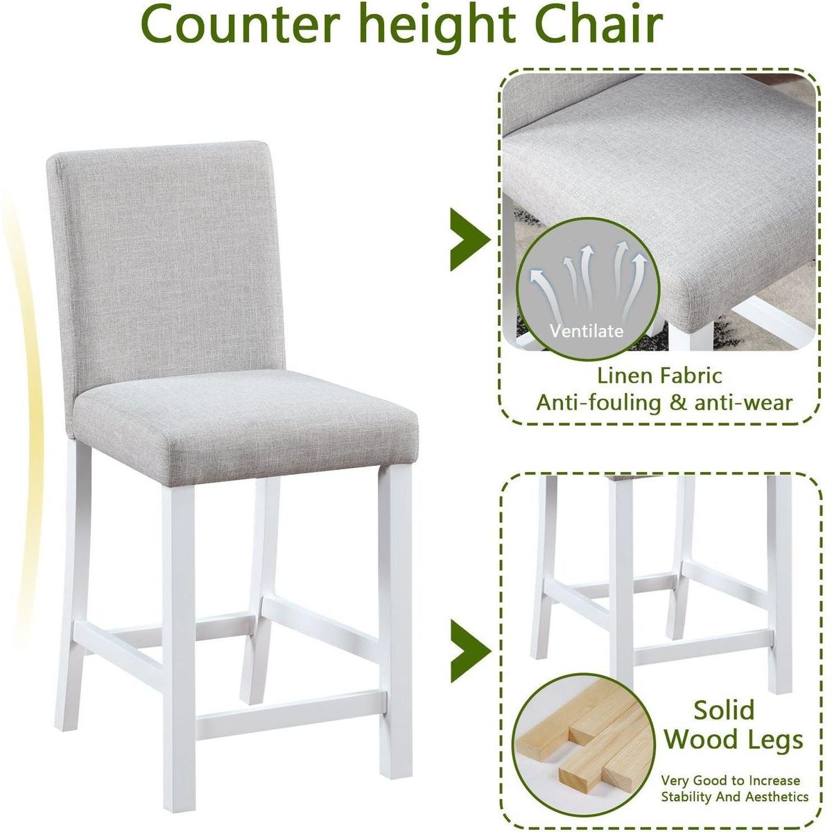 5 Piece Counter Height Table Set, Wooden Kitchen Table Set with Square Table and 4 Upholstered Chairs, Counter Height Dining Table with Crystal Decoration and Chair Set for Kitchen, Dining Room,White