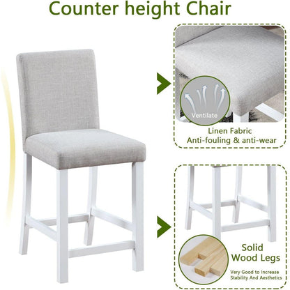 5 Piece Counter Height Table Set, Wooden Kitchen Table Set with Square Table and 4 Upholstered Chairs, Counter Height Dining Table with Crystal Decoration and Chair Set for Kitchen, Dining Room,White