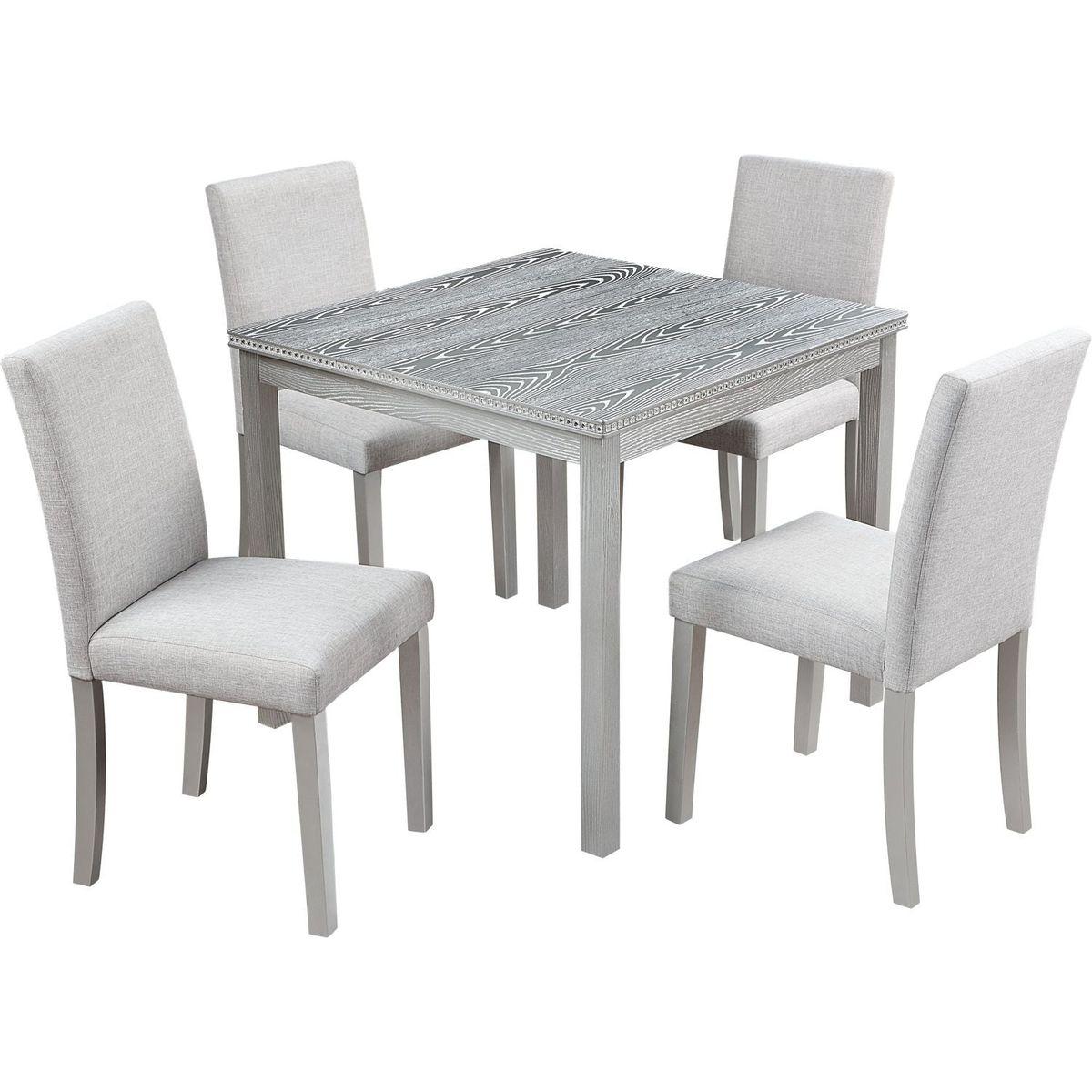 5 Piece Wooden Dining Table Set, Kitchen Table Set with a Square Table and 4 Upholstered Chairs, Wooden Dining Room Table with Crystal Decoration and Chairs Set for Kitchen, Dining Room, Gray