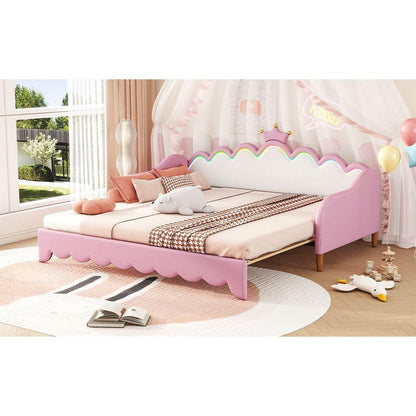 Twin Extending Daybed with LED Lights, Modern Upholstered Princess Daybed With Crown Headboard,Pink
