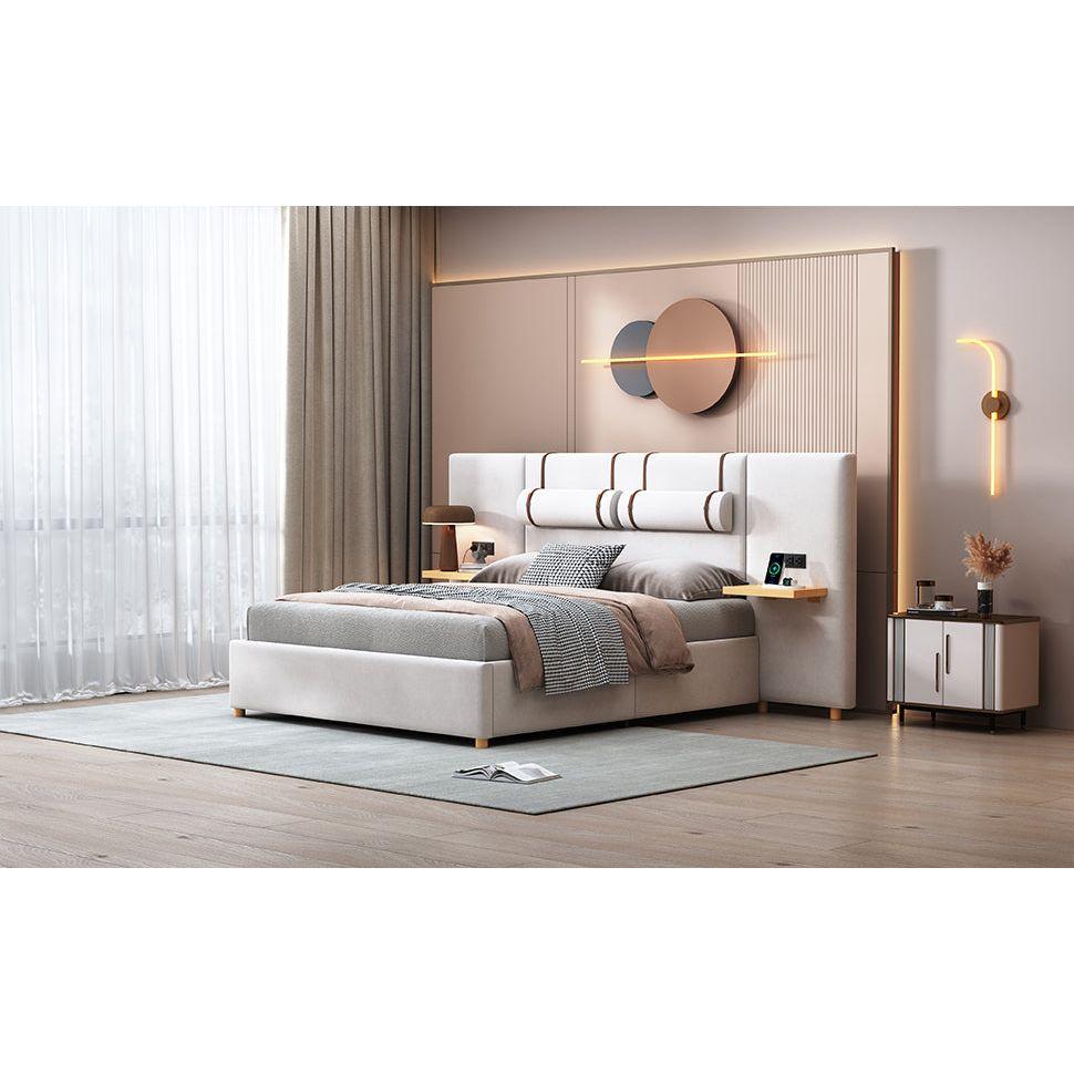 Queen Size Upholstered Platform Bed, Two Outlets and USB Charging Ports on Both Sides, Two Bedside Pillows, Storage Shelves,Velvet, Beige