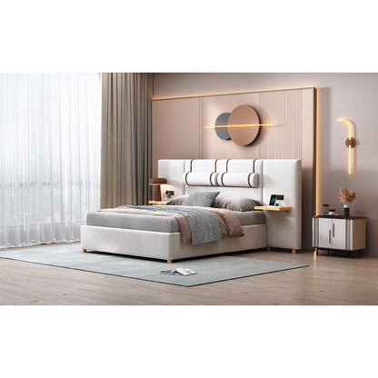 Queen Size Upholstered Platform Bed, Two Outlets and USB Charging Ports on Both Sides, Two Bedside Pillows, Storage Shelves,Velvet, Beige