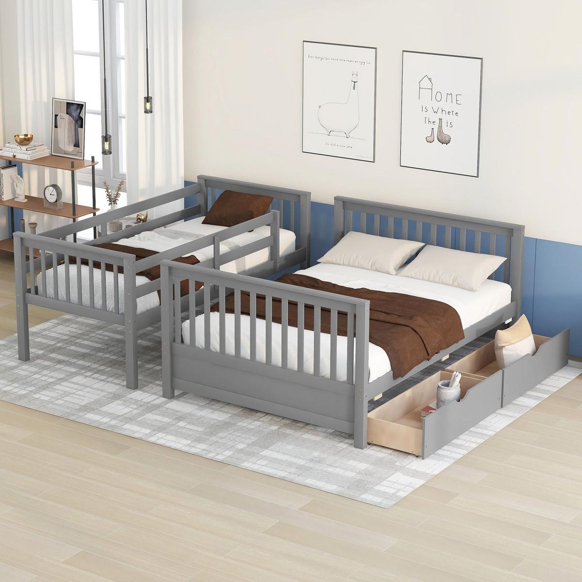 Twin-Over-Full Bunk Bed with Ladders and Two Storage Drawers(Gray){o