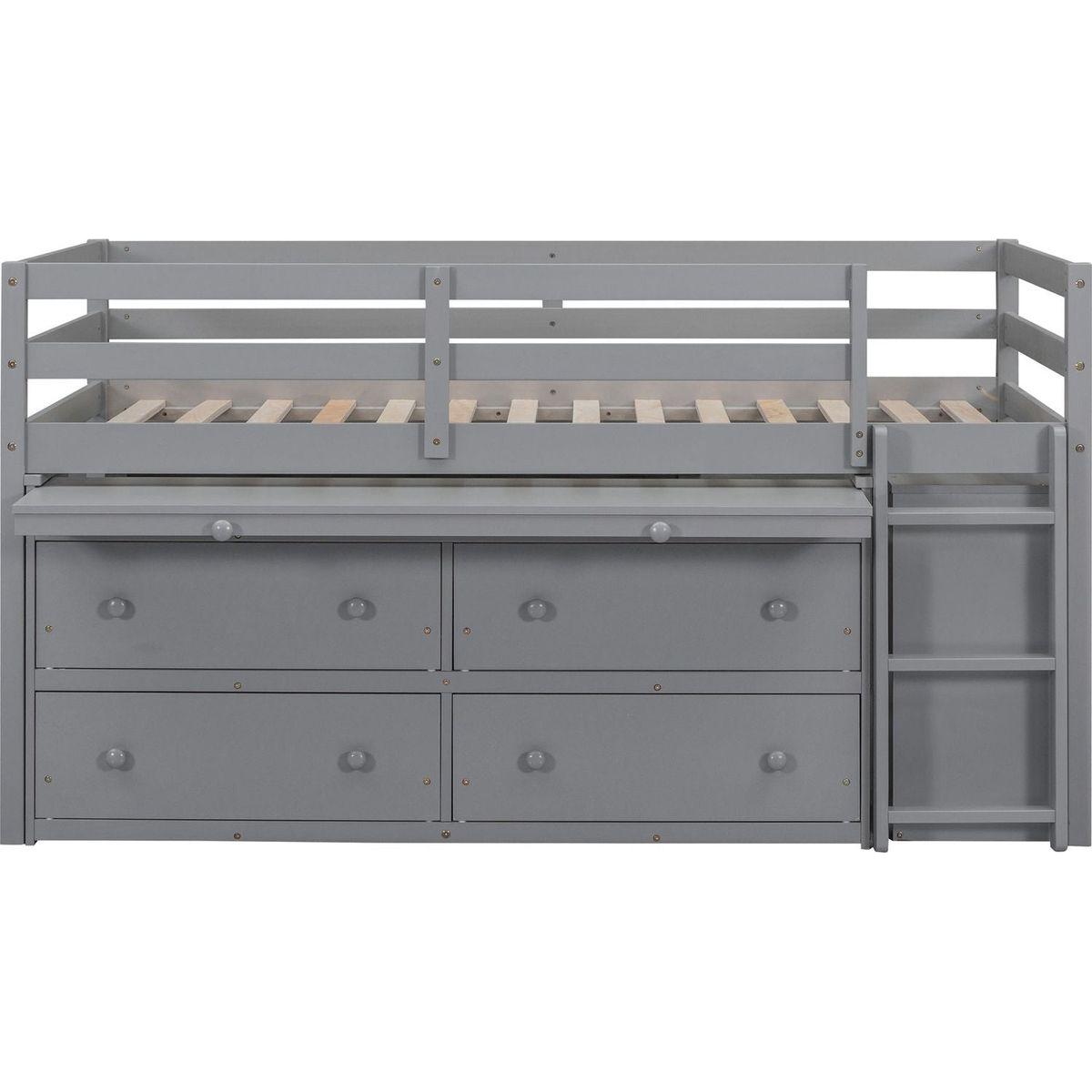 Twin Size Loft Bed with Retractable Writing Desk and 4 Drawers, Wooden Loft Bed with Lateral Portable Desk and Shelves, Gray