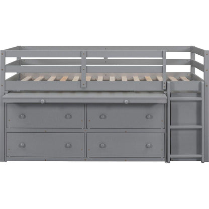 Twin Size Loft Bed with Retractable Writing Desk and 4 Drawers, Wooden Loft Bed with Lateral Portable Desk and Shelves, Gray