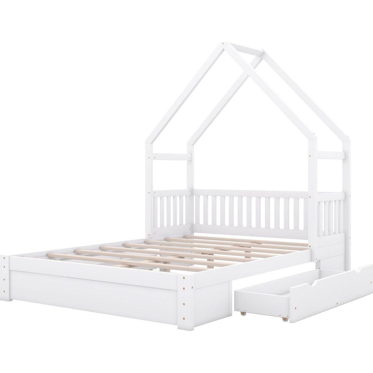 Wood Queen Size House Platform Bed with Guardrail and 2 Drawers, White