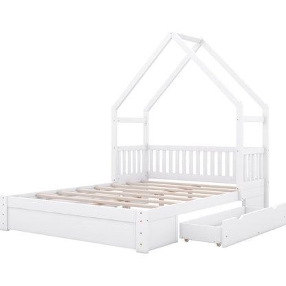 Wood Queen Size House Platform Bed with Guardrail and 2 Drawers, White