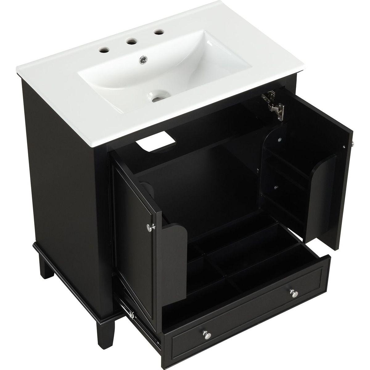 30" Bathroom Vanity with Sink Combo, Multi-functional Bathroom Cabinet with Doors and Drawer, Solid Wood and MDF Board, Black