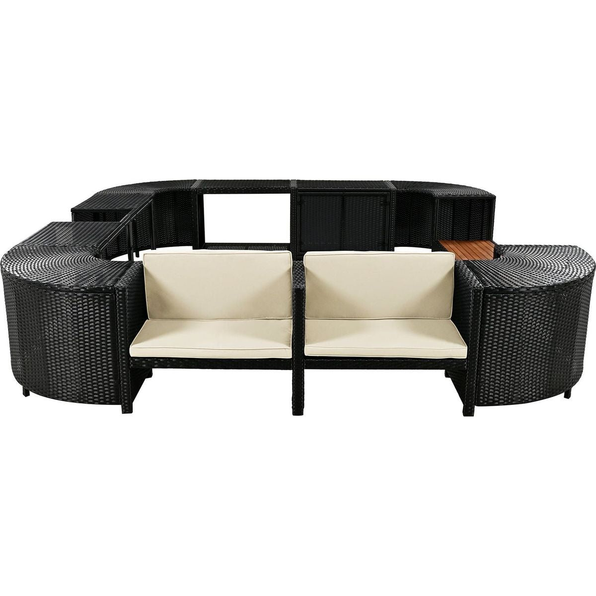 Spa Surround Spa Frame Quadrilateral Outdoor Rattan Sectional Sofa Set with Mini Sofa,Wooden Seats and Storage Spaces, Beige