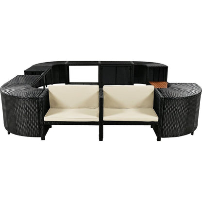Spa Surround Spa Frame Quadrilateral Outdoor Rattan Sectional Sofa Set with Mini Sofa,Wooden Seats and Storage Spaces, Beige