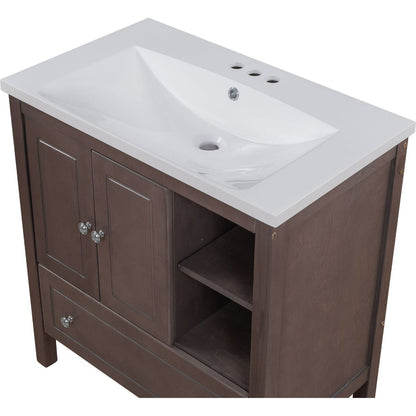 30" Bathroom Vanity with Sink, Bathroom Storage Cabinet with Doors and Drawers, Solid Wood Frame, Ceramic Sink, Brown