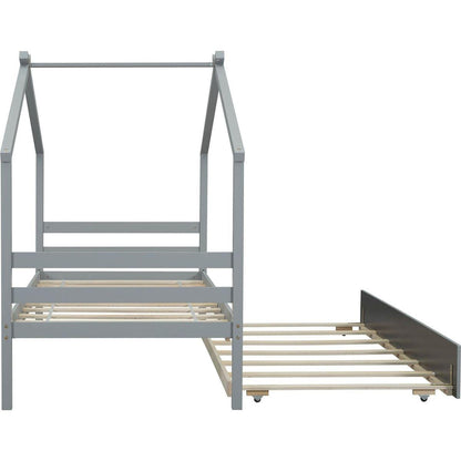 Twin Size House-shaped Bed with Trundle,Grey