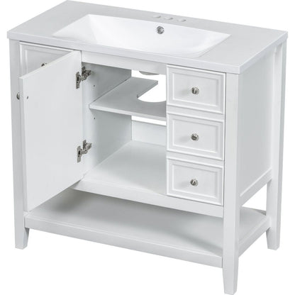 36" Bathroom Vanity with Sink Combo, One Cabinet and Three Drawers, Solid Wood and MDF Board, White