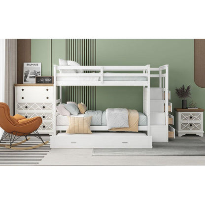 Twin Over Twin Bunk Bed with Trundle and Staircase,White