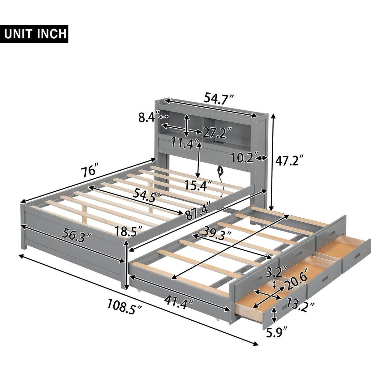 Full Size platform bed with trundle, drawers and USB plugs, Gray