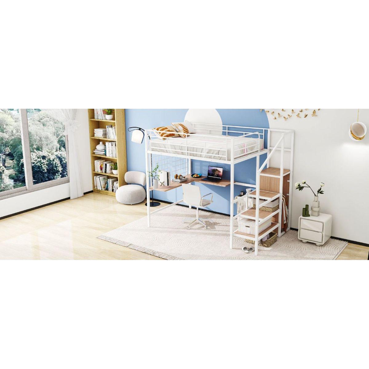 Full Size Metal Loft Bed with Desk and Metal Grid, Stylish Metal Frame Bed with Lateral Storage Ladder and Wardrobe, White