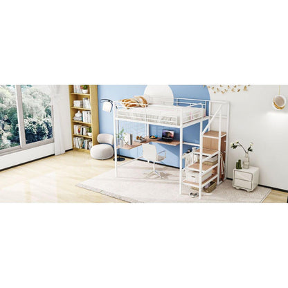 Full Size Metal Loft Bed with Desk and Metal Grid, Stylish Metal Frame Bed with Lateral Storage Ladder and Wardrobe, White