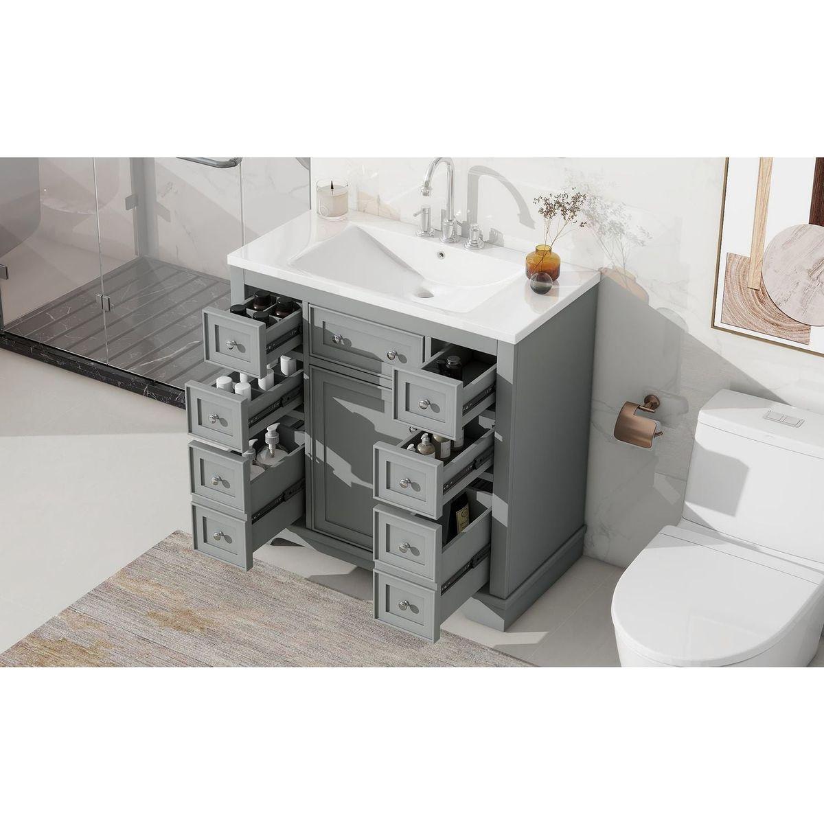 36" Bathroom Vanity with Sink Combo, One Cabinet and Six Drawers, Solid Wood and MDF Board, Grey