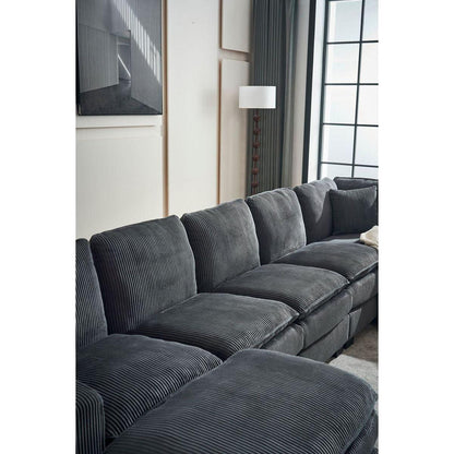 Modern U Shaped 6-seat Sectional Sofa Couch with one Ottoman and three toss pillows, Modular Sofa for Living Room,Corduroy sofa